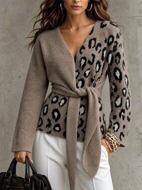 Casual Women's Leopard Print Knit V-Neck Tie Waist Long Sleeve Sweater